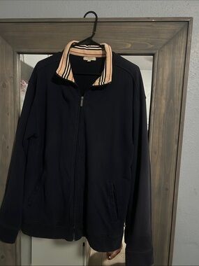Burberry Navy Zip-Up Sweater with Signature Striped Collar
